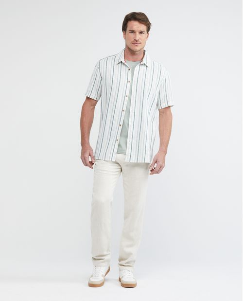 Camisa de Hombre, Classic Fit Manga Corta - Rayas Lino Algodón