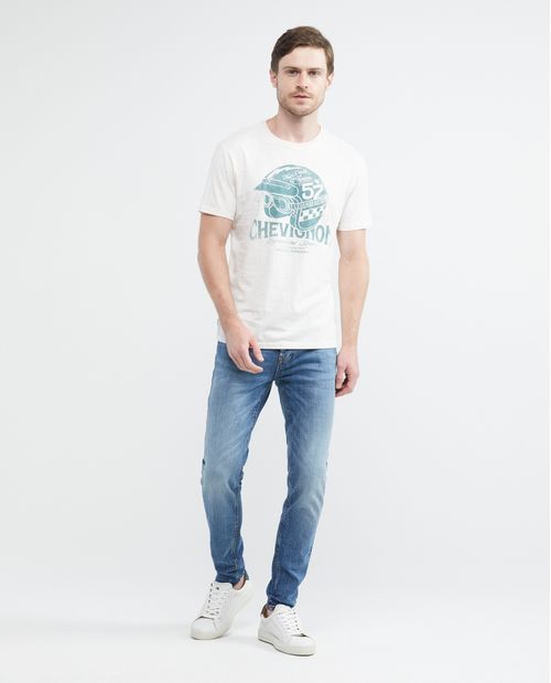 Camiseta Gráfica de Hombre, Slim Fit Cuello Redondo - Efecto Neps + Estampación Textil