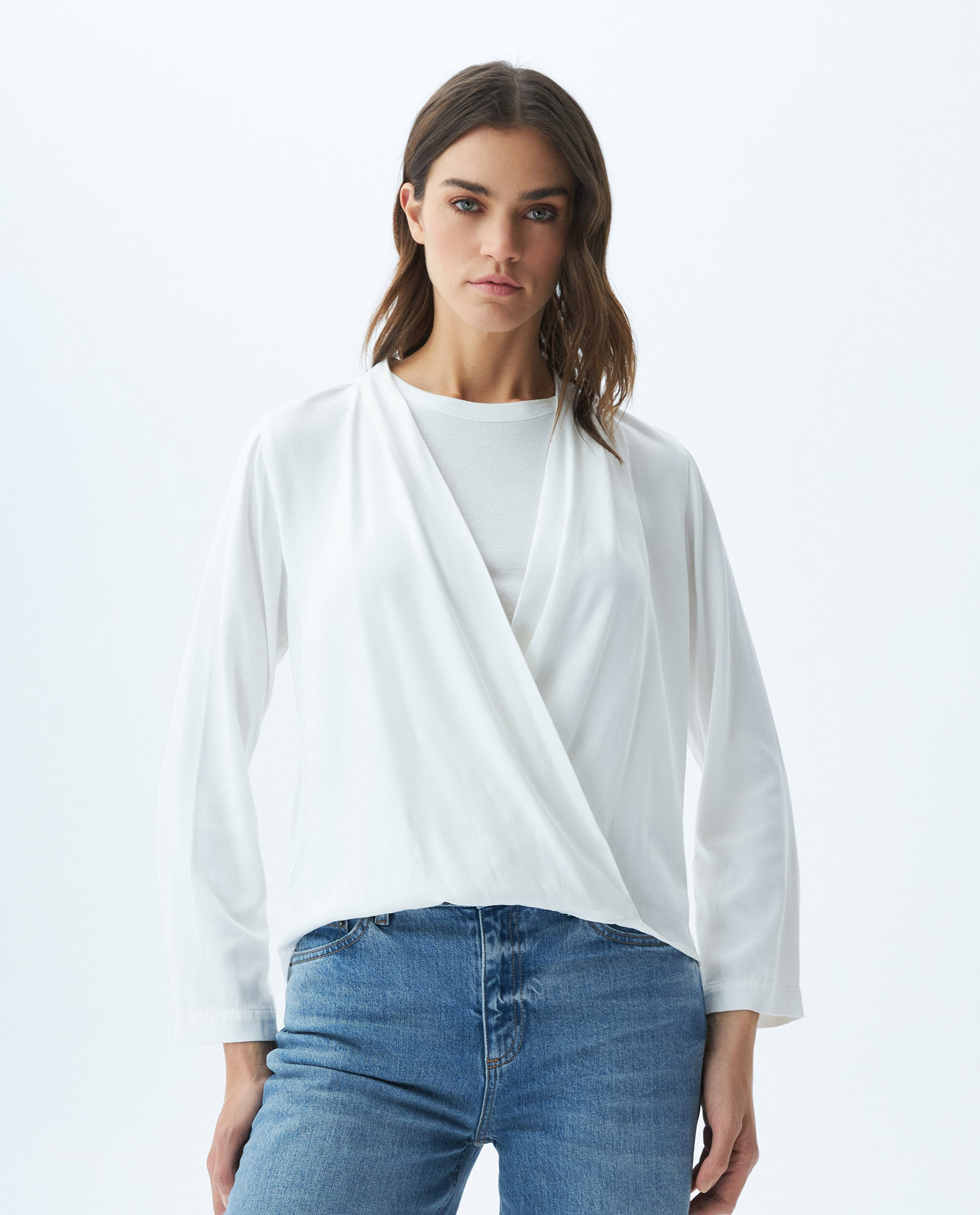 Camisa de Mujer, Silueta Amplia Manga Larga Escote en V Viscosa