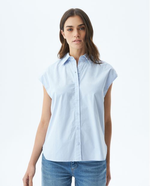 Camisa de Mujer, Silueta Recta Manga Sisa Cuello Camisero - Popelina Premium