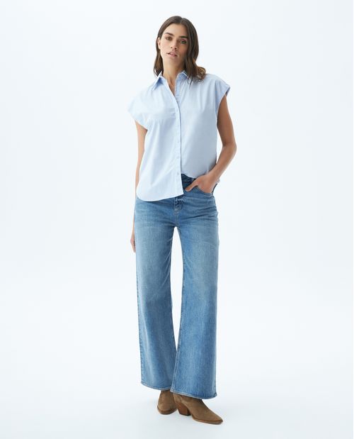 Camisa de Mujer, Silueta Recta Manga Sisa Cuello Camisero - Popelina Premium