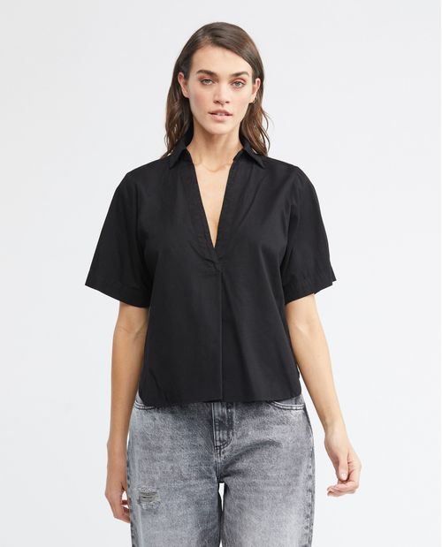 Camisa de Mujer, Silueta Recta Manga Corta Cuello Camisero - Media Perilla