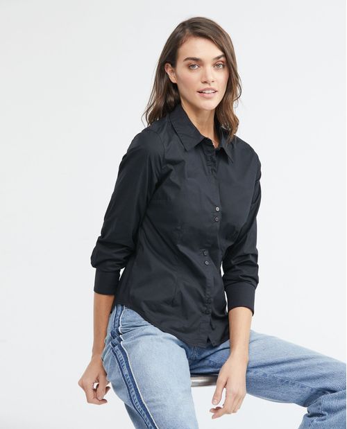 Camisa de Mujer, Silueta Ajustada Manga Larga Cuello Camisero - Pinzas en Frente y Espalda