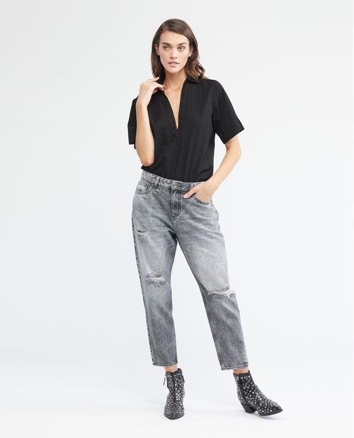 Camisa de Mujer, Silueta Recta Manga Corta Cuello Camisero - Media Perilla