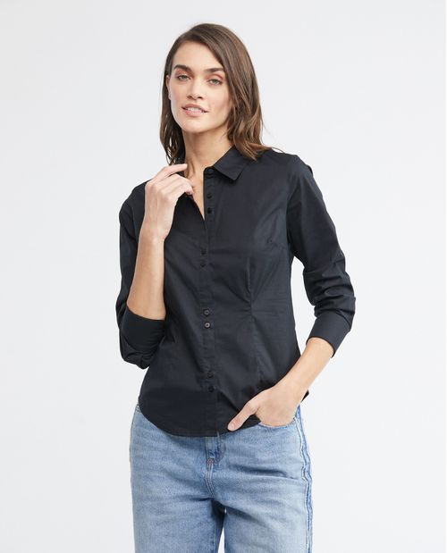 Camisa de Mujer, Silueta Ajustada Manga Larga Cuello Camisero - Pinzas en Frente y Espalda