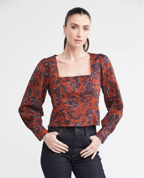 Camisa de Mujer Tipo Corsé, Silueta Ajustada Manga Larga con Volumen Escote Cuadrado - Maxi Print Flores