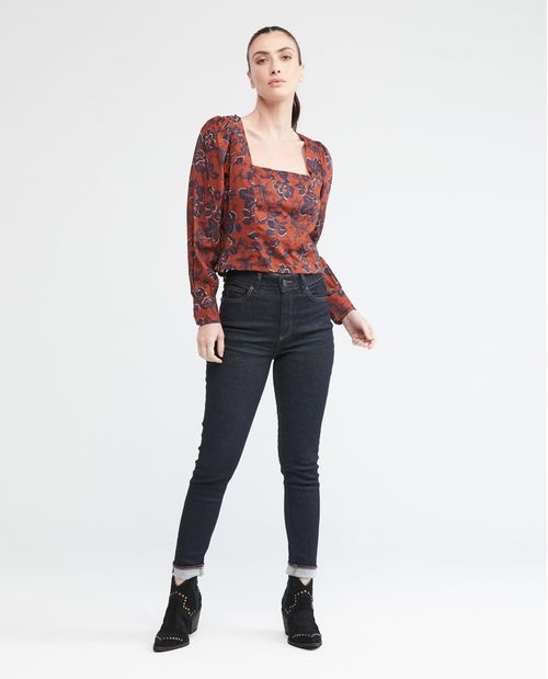 Camisa de Mujer Tipo Corsé, Silueta Ajustada Manga Larga con Volumen Escote Cuadrado - Maxi Print Flores