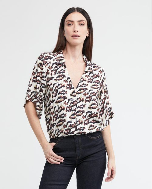 Camisa Resort de Mujer, Silueta Recta Manga Corta Cuello Camisero - Animal Print