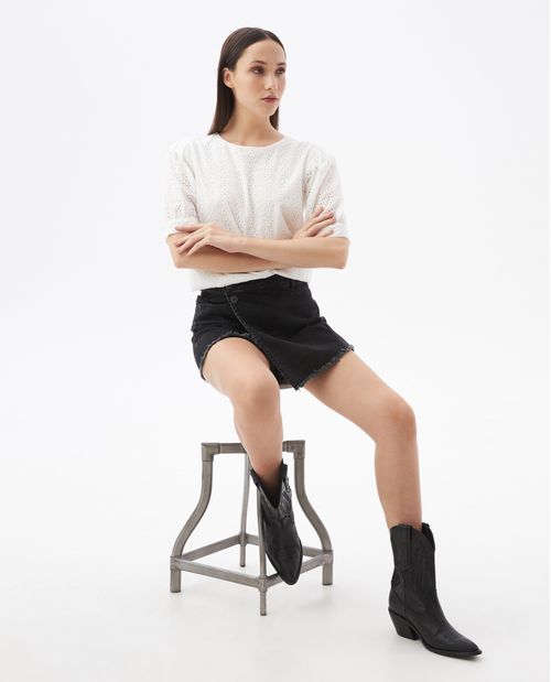 Camisa de Mujer, Silueta Recta Manga Corta con Volumen Cuello Redondo - Ojalillo
