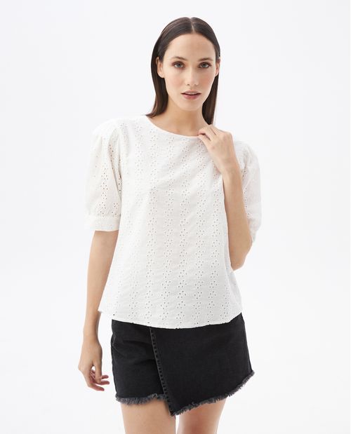 Camisa de Mujer, Silueta Recta Manga Corta con Volumen Cuello Redondo - Ojalillo