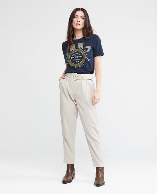 Pantalón de Mujer, Regular Fit Tiro Alto Bota Recta - Correa en Tela