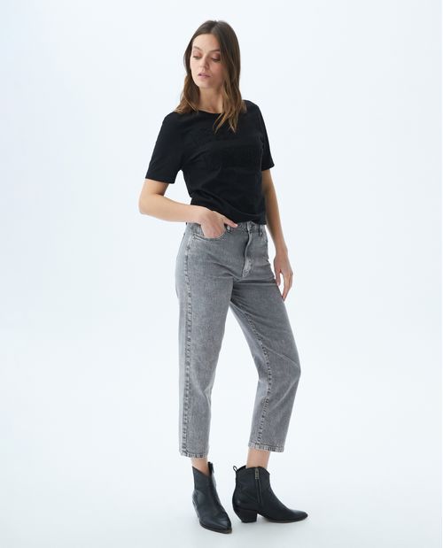 Pantalón de Mujer, Mom Fit Tiro Alto Bota Recta - 5 Bolsillos Frosted Gris