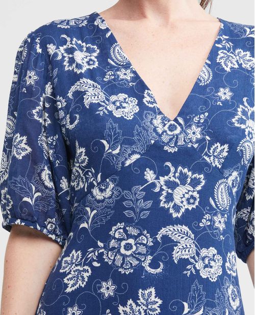 Vestido Largo Silueta Ajustada, Escote en V Manga Corta con Volumen - Maxi Print Flores