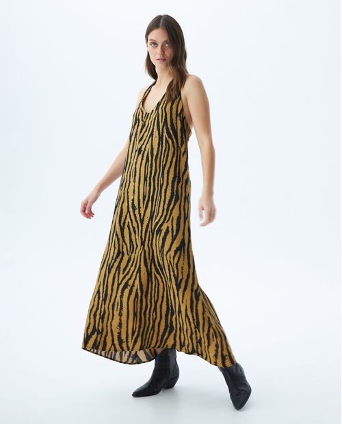 Vestido Largo Silueta Semi Línea A, Escote en V Cargaderas Amplias - Maxi Print Cebra