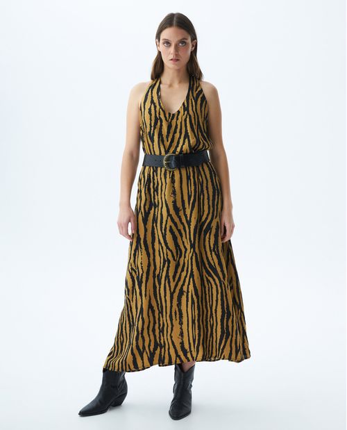 Vestido Largo Silueta Semi Línea A, Escote en V Cargaderas Amplias - Maxi Print Cebra