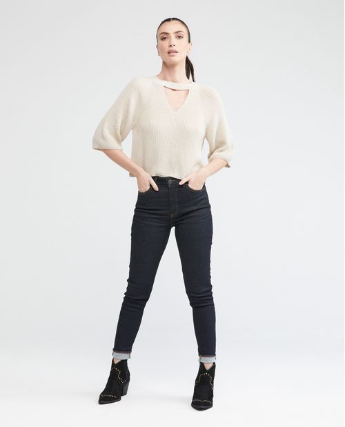 Camiseta Tejida de Mujer, Silueta Recta Cuello Redondo Tipo Collar y Escote en V Manga 3/4 - Galga Media