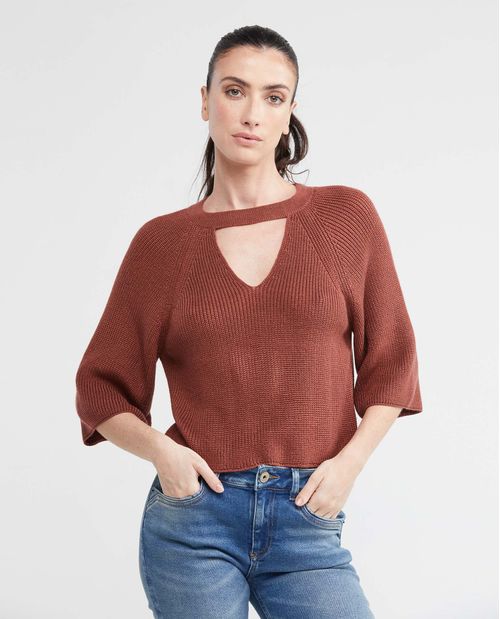 Camiseta Tejida de Mujer, Silueta Recta Cuello Redondo Tipo Collar y Escote en V Manga 3/4 - Galga Media