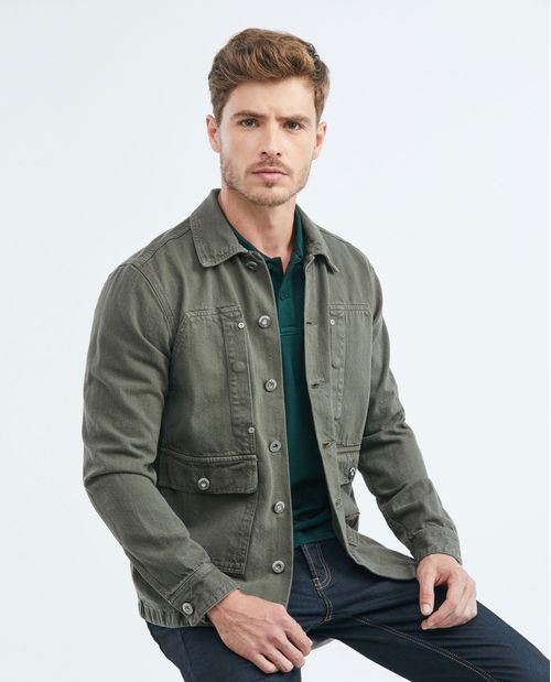 Chaqueta de Hombre en Denim, Tipo Militar Straight Fit - Verde Militar