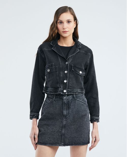 Chaqueta de Mujer en Denim, Tipo Trucker Straight Fit - Gris Oscuro