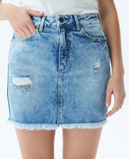 Falda Corta en Denim, High Rise - Azul Claro + Rotos