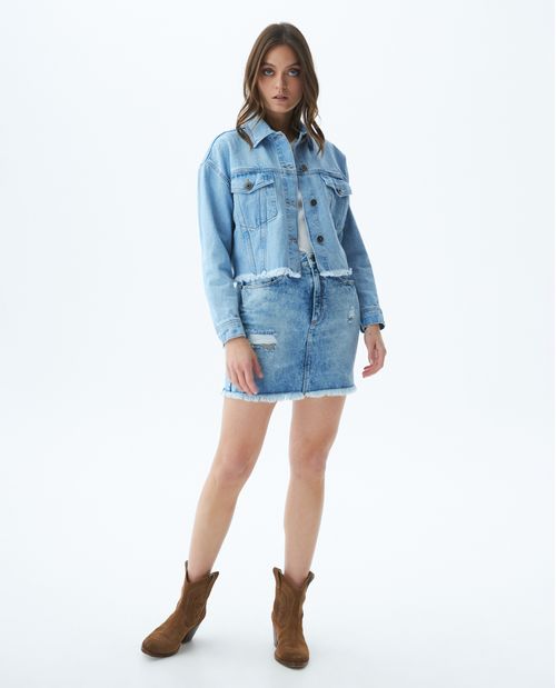 Falda Corta en Denim, High Rise - Azul Claro + Rotos
