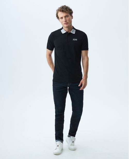 Camiseta de Hombre Tipo Polo, Slim Fit Manga Corta - Cuello Bloque de Color + Raya