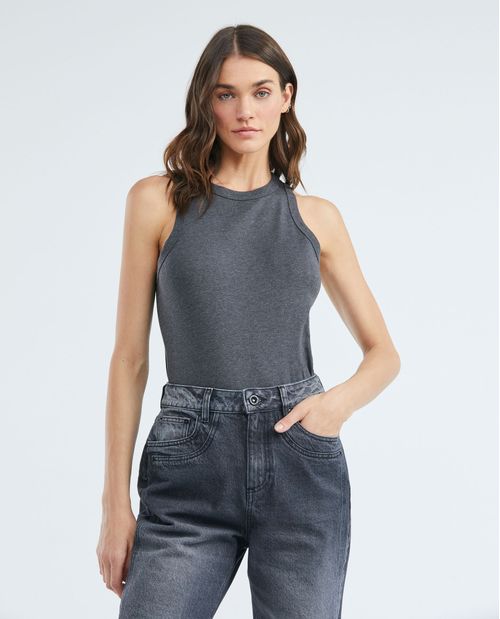 Camiseta Básica de Mujer, Manga Sisa Cuello Redondo - Tipo Tank Tela Jaspe