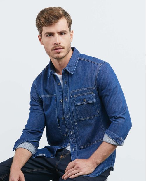 Camisa de Hombre en Denim, Classic Fit Manga Larga - Azul Medio