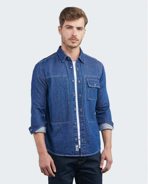 Camisa de Hombre en Denim, Classic Fit Manga Larga - Azul Medio