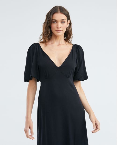 Vestido Largo Silueta Ajustada, Escote en V Manga Corta - Viscosa