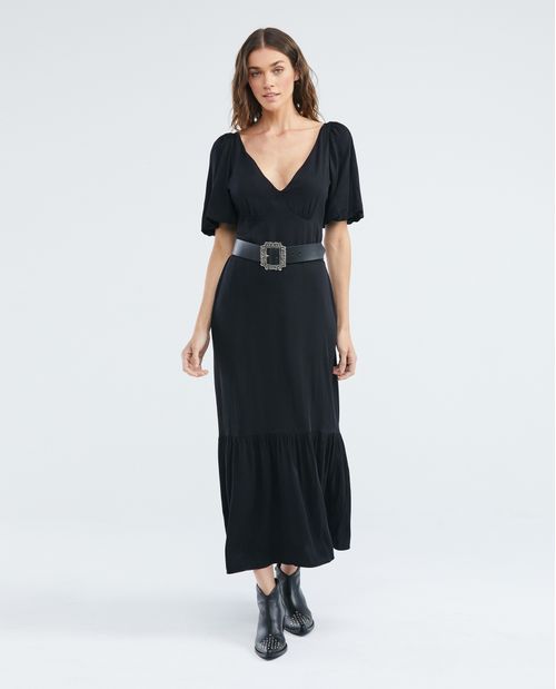 Vestido Largo Silueta Ajustada, Escote en V Manga Corta - Viscosa