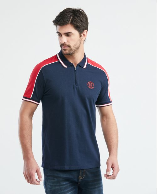 Camiseta de Hombre Tipo Polo, Slim Fit Manga Corta - Perilla de Cierre + Bloques de Color