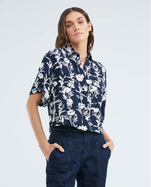 Camisa Resort de Mujer, Silueta Recta Manga Corta Cuello Camisero - Maxi Print Hojas