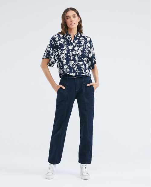 Camisa Resort de Mujer, Silueta Recta Manga Corta Cuello Camisero - Maxi Print Hojas