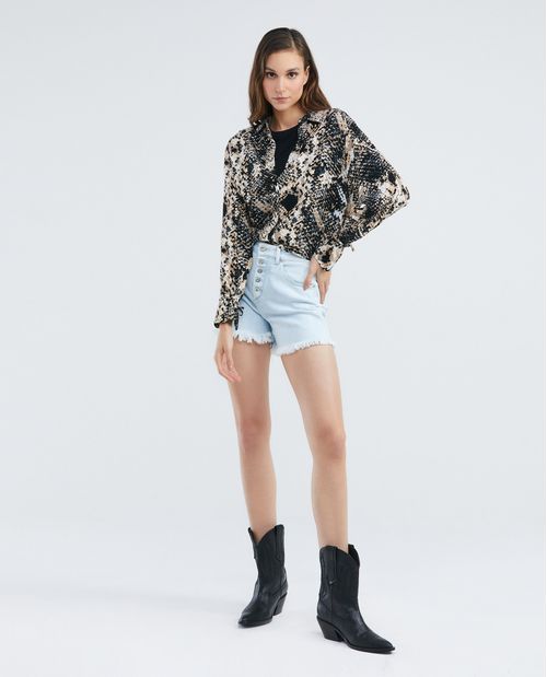 Camisa de Mujer, Silueta Amplia Manga Larga Cuello Camisero - Maxi Print Pitón