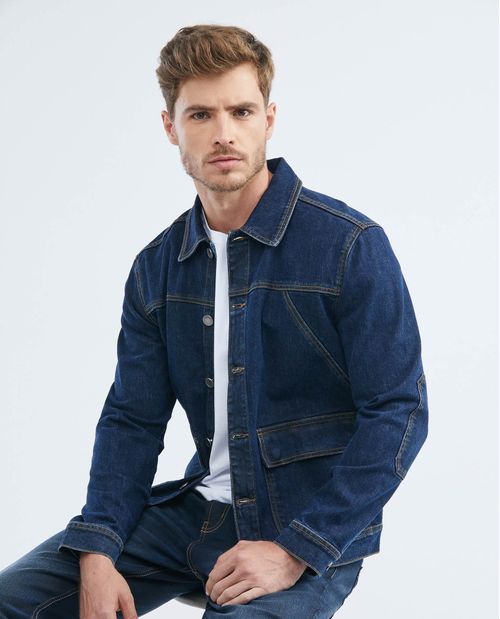 Chaqueta de Hombre en Denim, Tipo Militar Straight Fit - Azul Oscuro