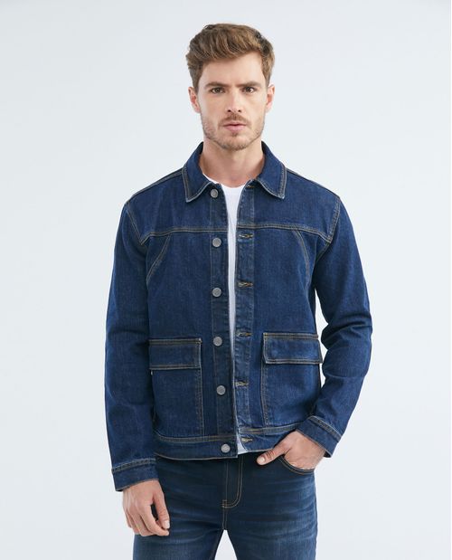 Chaqueta de Hombre en Denim, Tipo Militar Straight Fit - Azul Oscuro