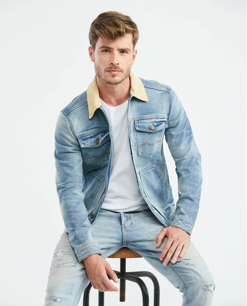 Chaqueta de Hombre en Denim, Tipo Trucker Straight Fit - Heritage Azul Claro Cuello Corduroy