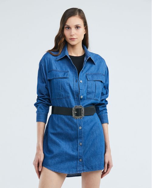 Camisa de Mujer en Denim, Slim Fit Manga Larga Cuello Camisero - Azul Medio