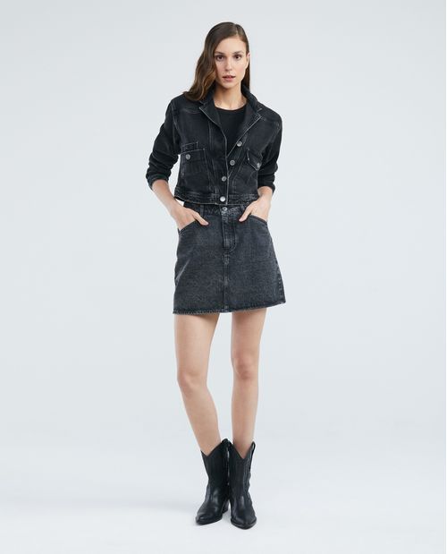 Falda Corta en Denim, High Rise - Gris