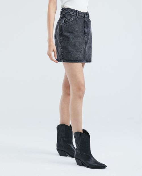 Falda Corta en Denim, High Rise - Gris