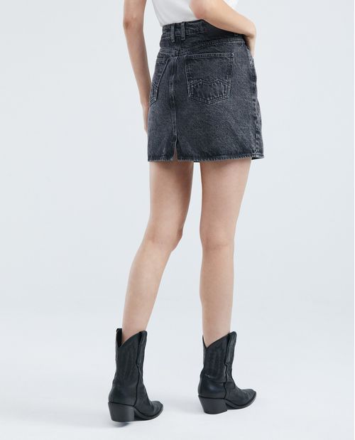 Falda Corta en Denim, High Rise - Gris