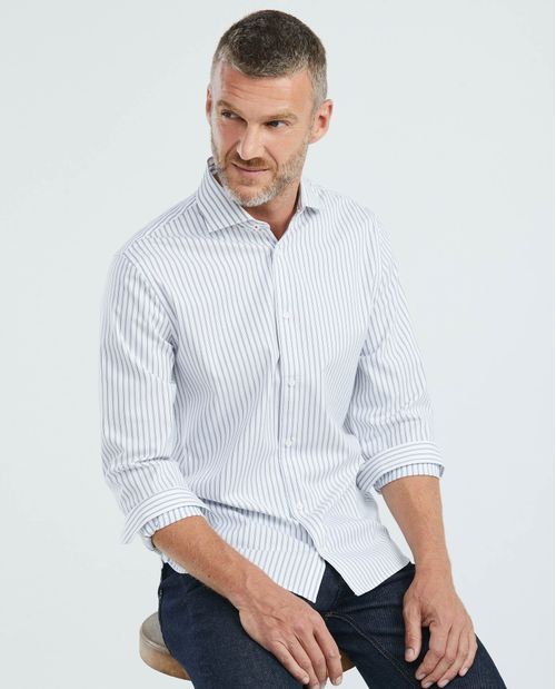 Camisa Premium de Hombre, Slim Fit Manga Larga - Rayas Coolmax + Wrinkle Free