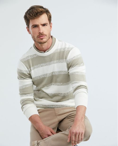 Suéter Tejido para Hombre, Cerrado Cuello Redondo - Rayas en Contraste