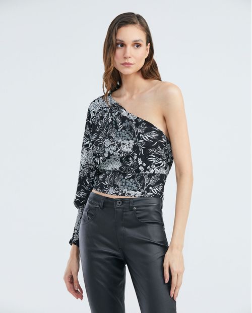 Camisa de Mujer, Silueta Ajustada en Fajón Diseño De Un Solo Hombro - Maxi Print Follaje