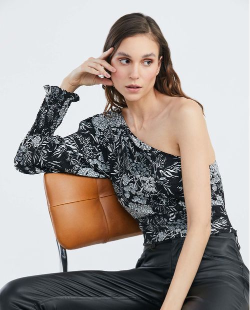 Camisa de Mujer, Silueta Ajustada en Fajón Diseño De Un Solo Hombro - Maxi Print Follaje