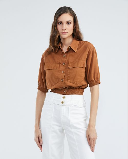 Camisa de Mujer, Silueta Recta Manga Corta con Elástico Cuello Camisero - Influencia Cargo