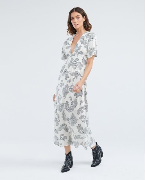 Vestido Largo, Escote Profundo en V Manga Corta - Maxi Print Flores