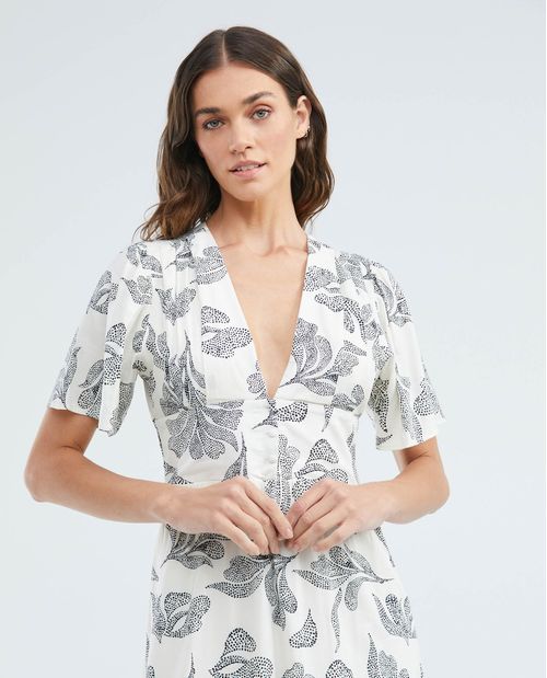 Vestido Largo, Escote Profundo en V Manga Corta - Maxi Print Flores