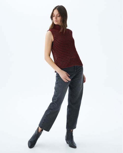Camiseta Tejida de Mujer, Tipo Red, Silueta Recta Cuello Redondo Manga Sisa - Galga Liviana